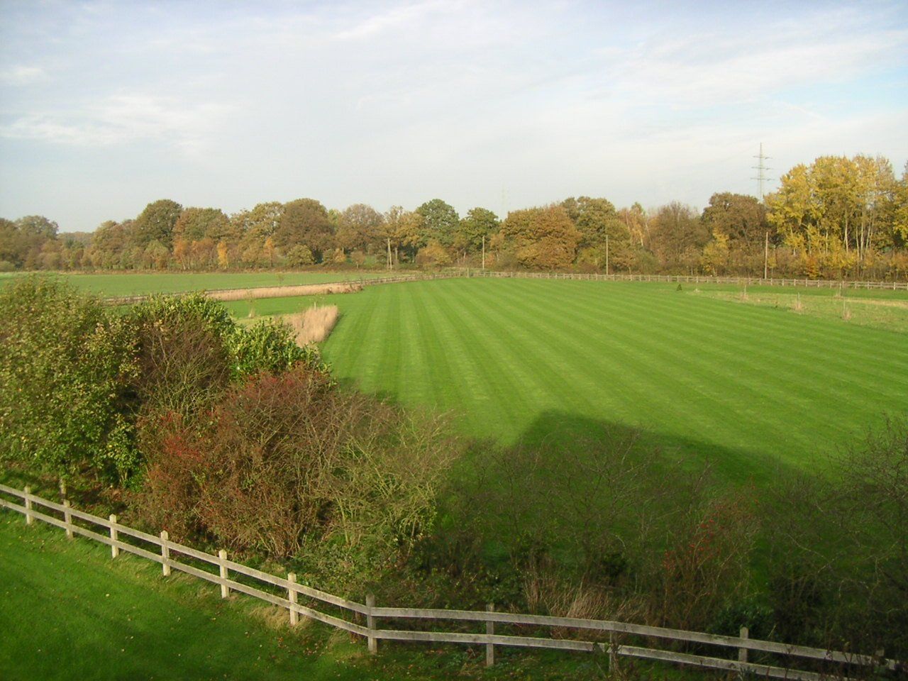 Een groot groen veld met een houten hek op de voorgrond