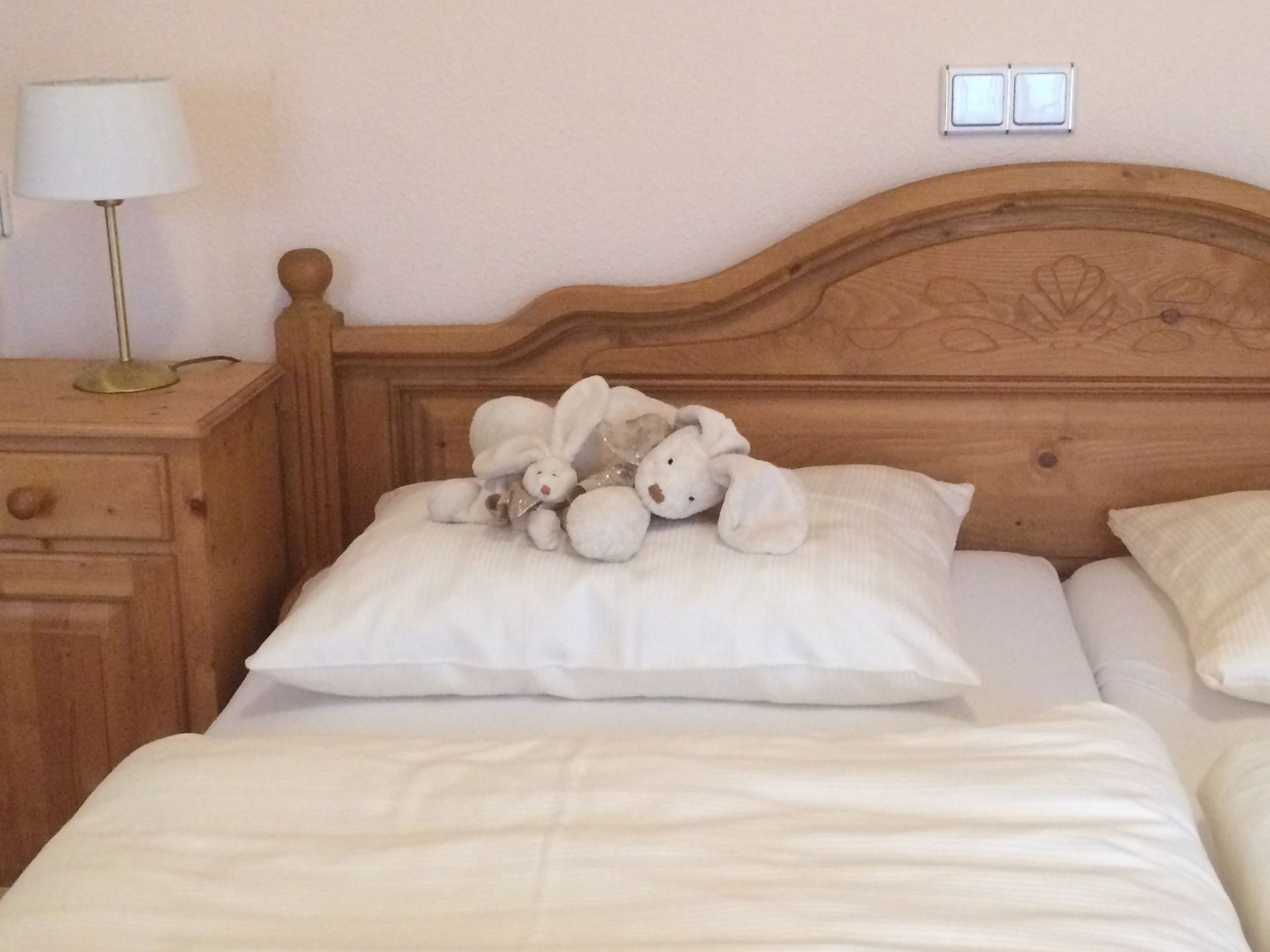 Twee teddyberen zitten op een wit kussen op een bed