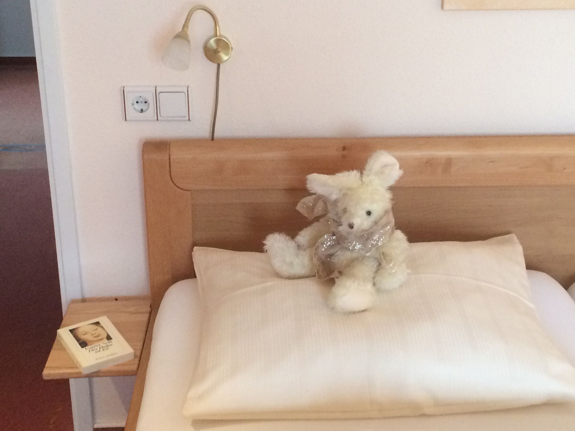 Een teddybeer zit op een bed naast een boek