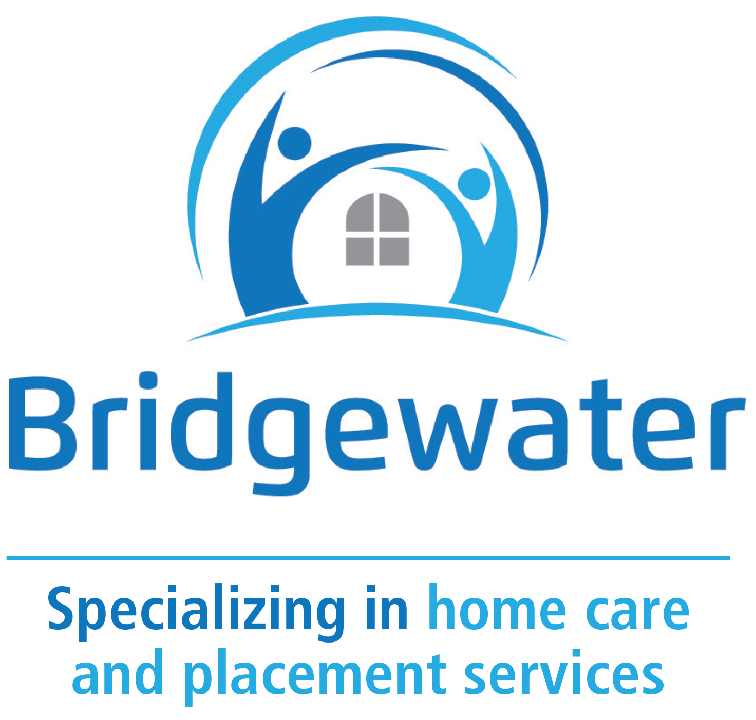 Logo for Bridgewater home care services: two blue figures with arms raised, a window, and text.