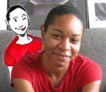 Woman wearing red shirt smiles; cartoon figure, also in red shirt, peeks over her shoulder.