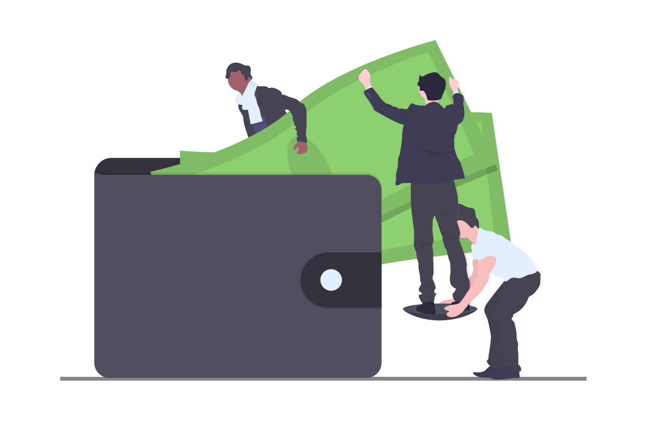 A group of men are putting money into a wallet.