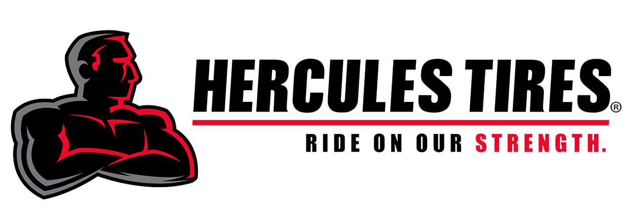 Hercules Tires logo with black-and-red tireman mascot and slogan “Ride on our strength.”
