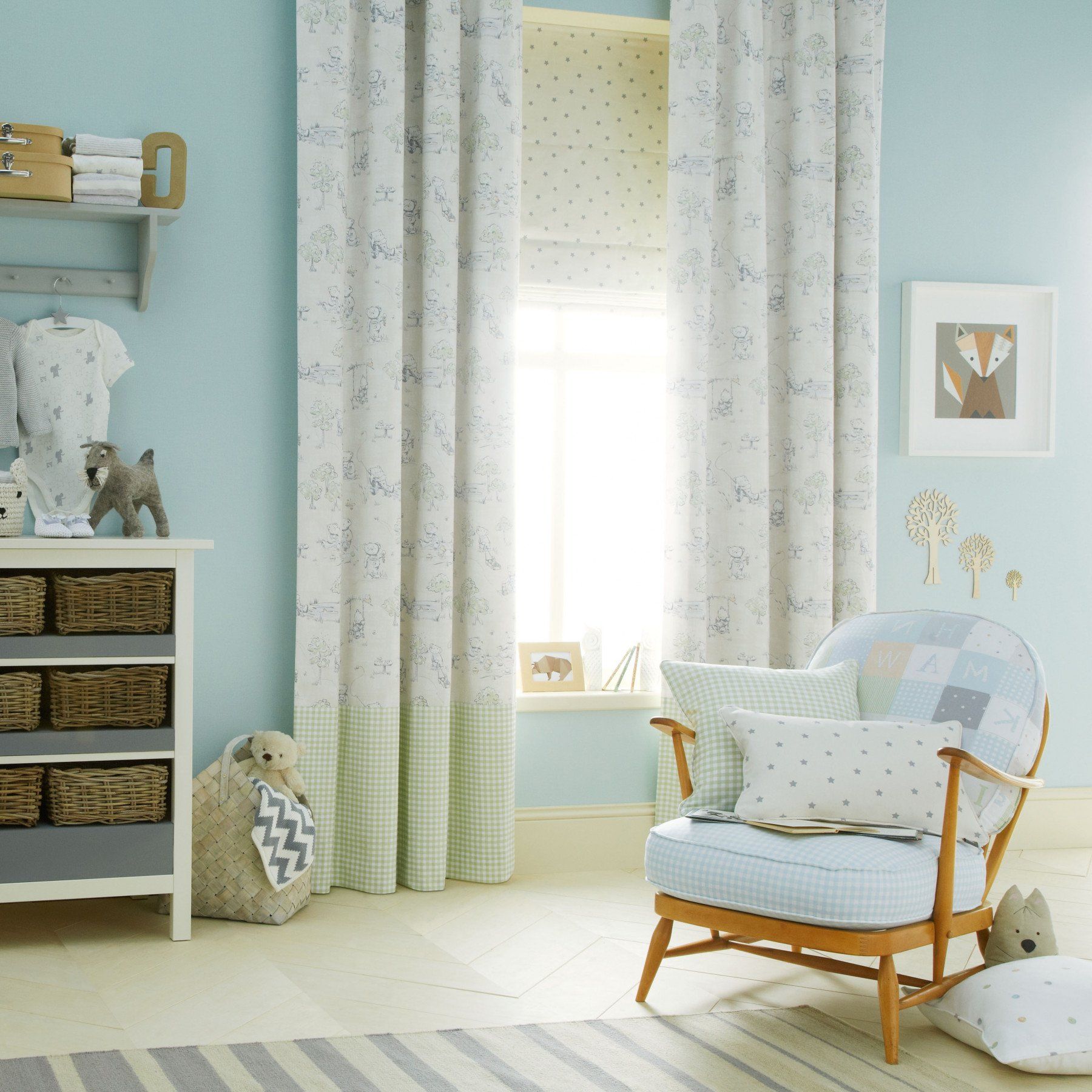 Clean white and blue curtains for children room