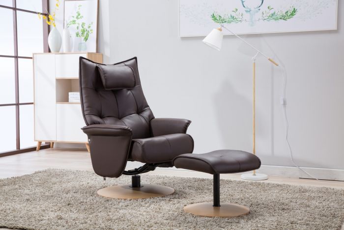 Faux Leather Swivel Chair with Stool in Dark Brown