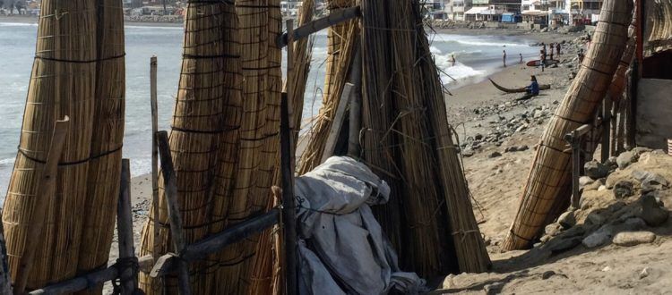 Caballito de Totara reed boats lined up on the beach in Huanchaco, Peru.