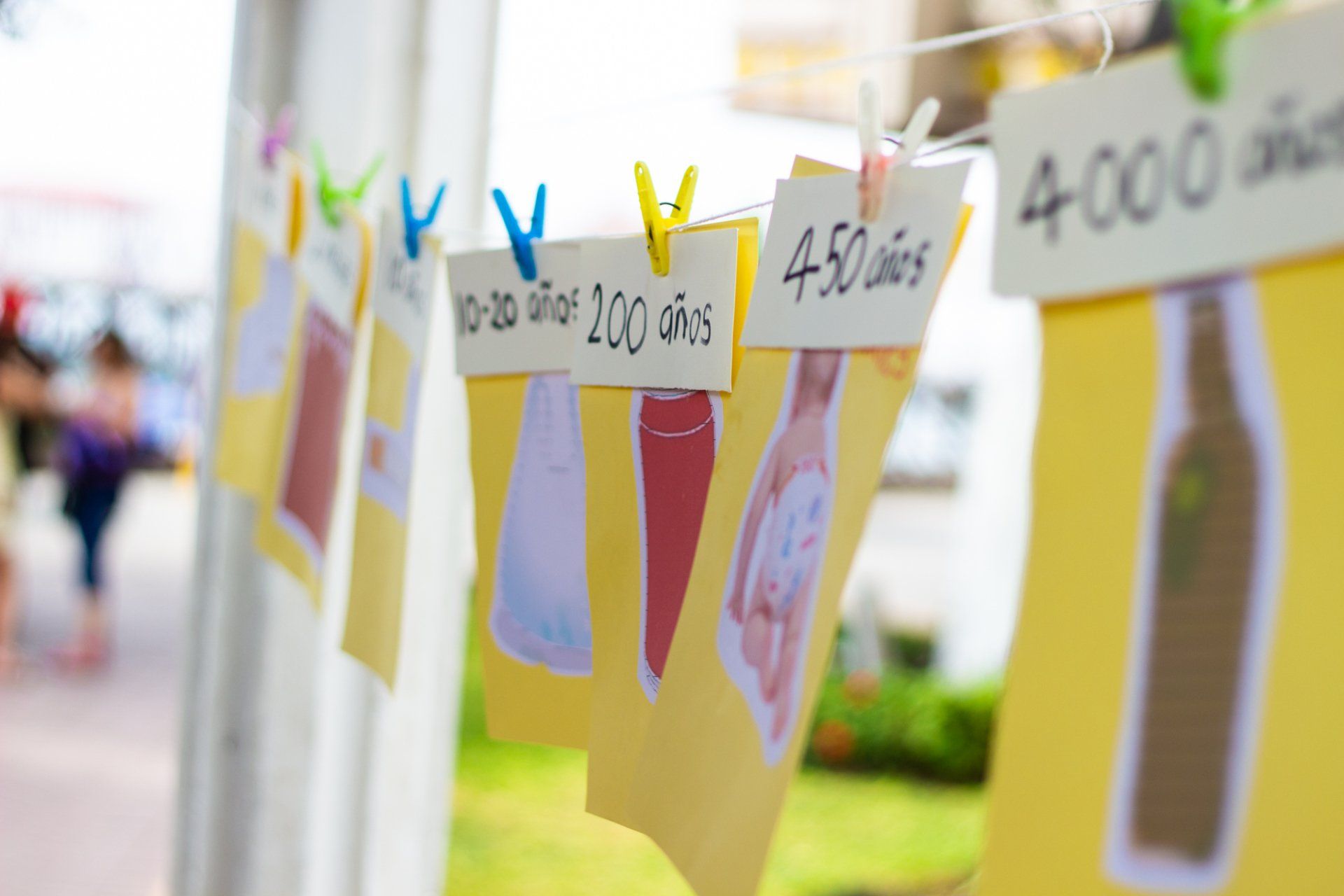 Pictures hanging on a line, describing the length of time discarded items take to breakdown