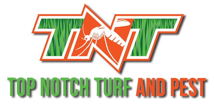 Logo for Top Notch Turf and Pest, with green and orange TNT lettering and a bug graphic