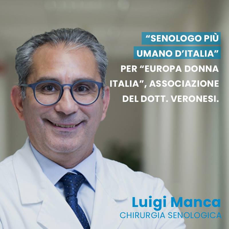 Luigi Manca in camice bianco con una scritta che lo promuove come uno dei migliori chirurghi senologi di Europa Donna Italia