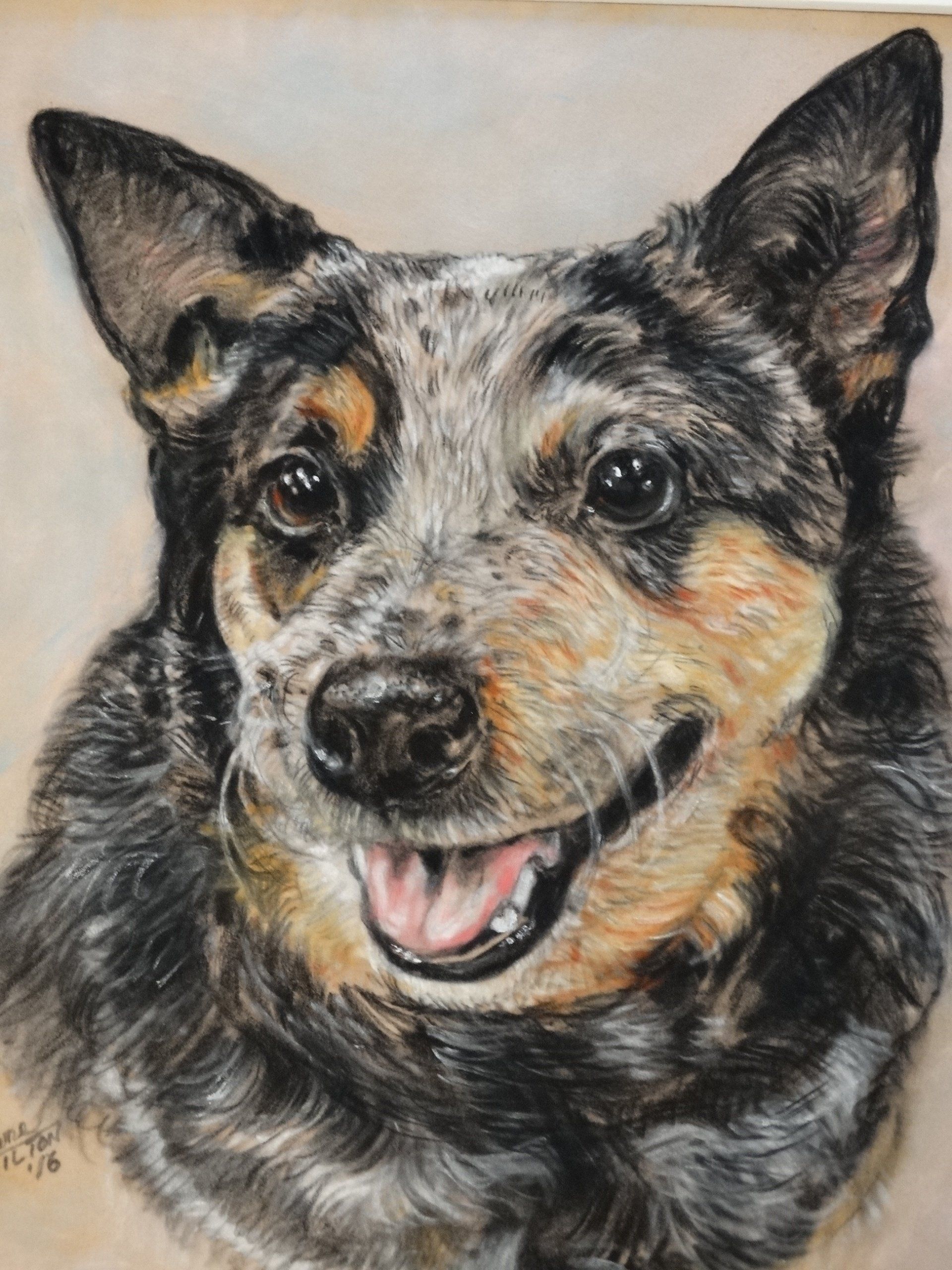 A close up of a painting of a dog with its mouth open