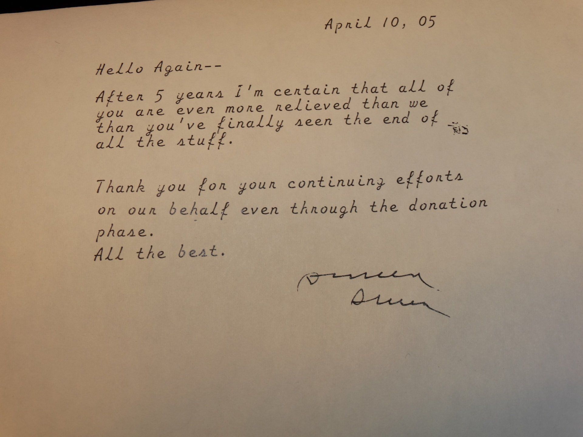 A handwritten letter is dated april 10 2005