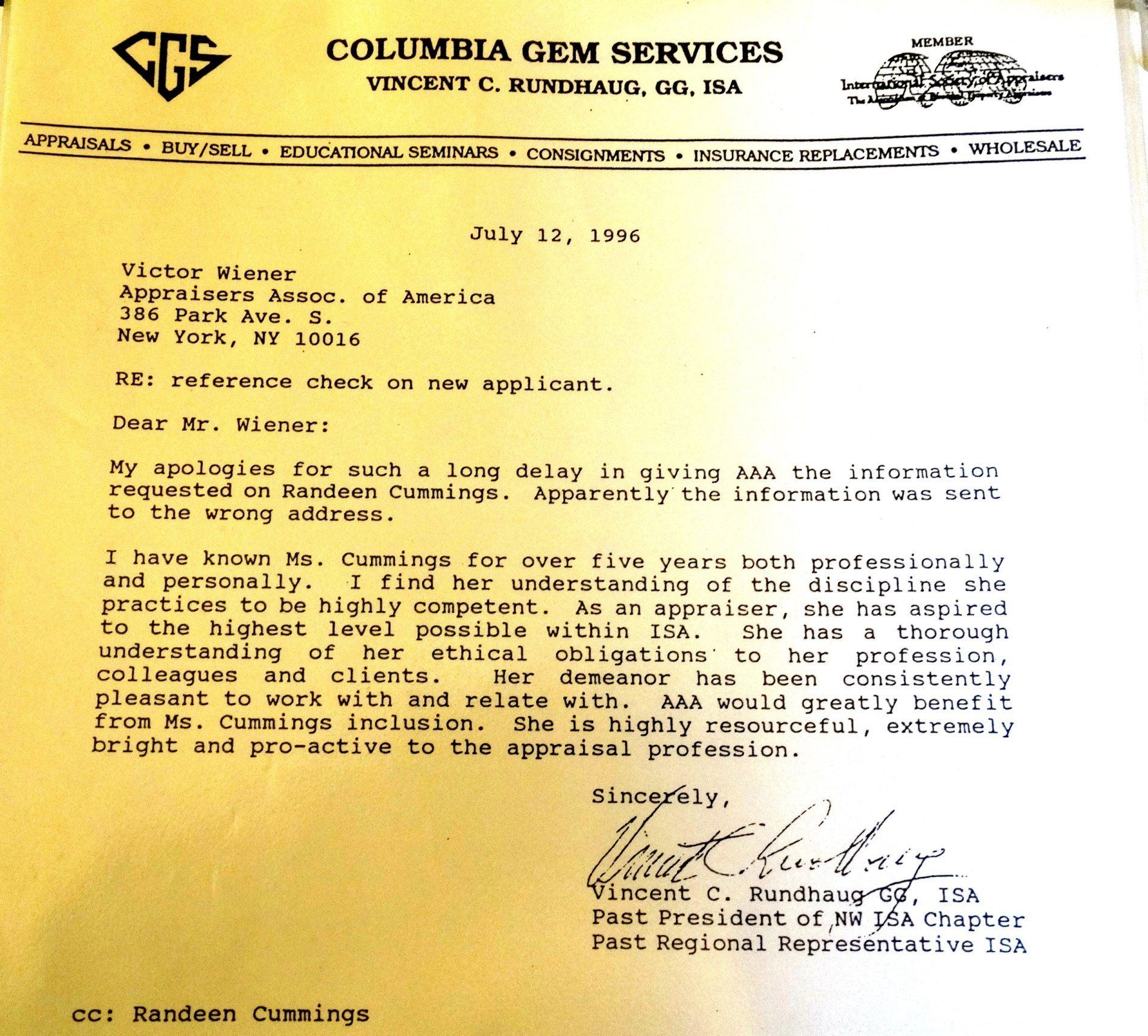 A letter from columbia gem services dated july 12th 1996