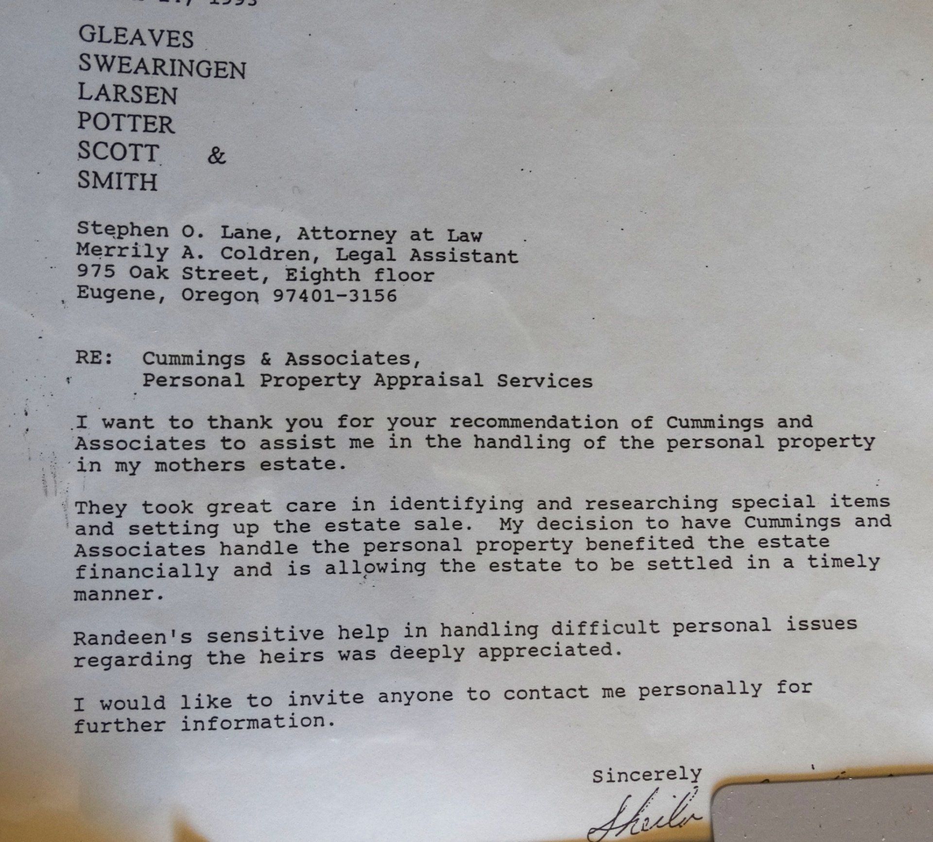 A letter from gleaves swearingen larsin potter scott and smith