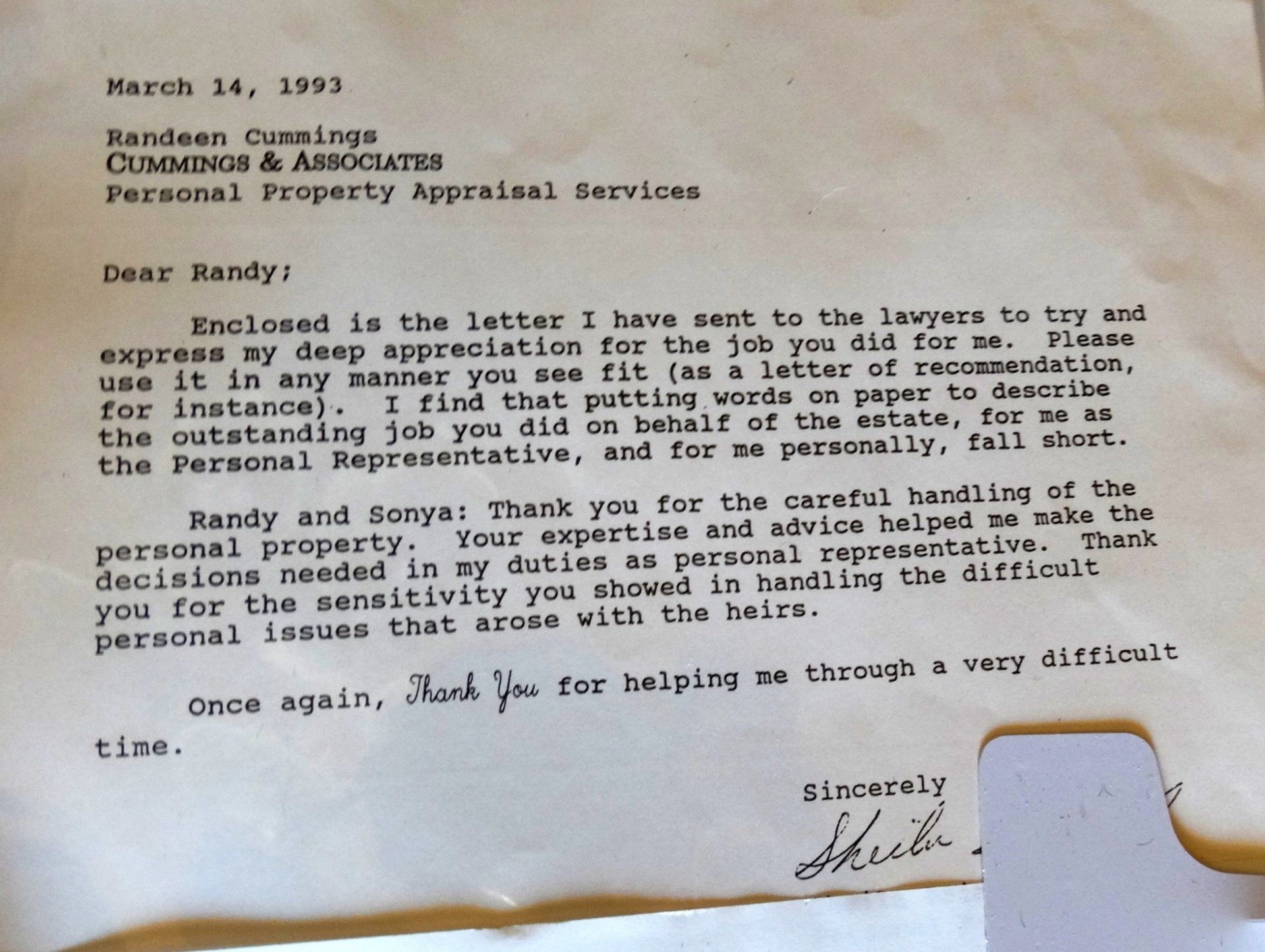 A letter from randy cummings and associates dated march 14 1991