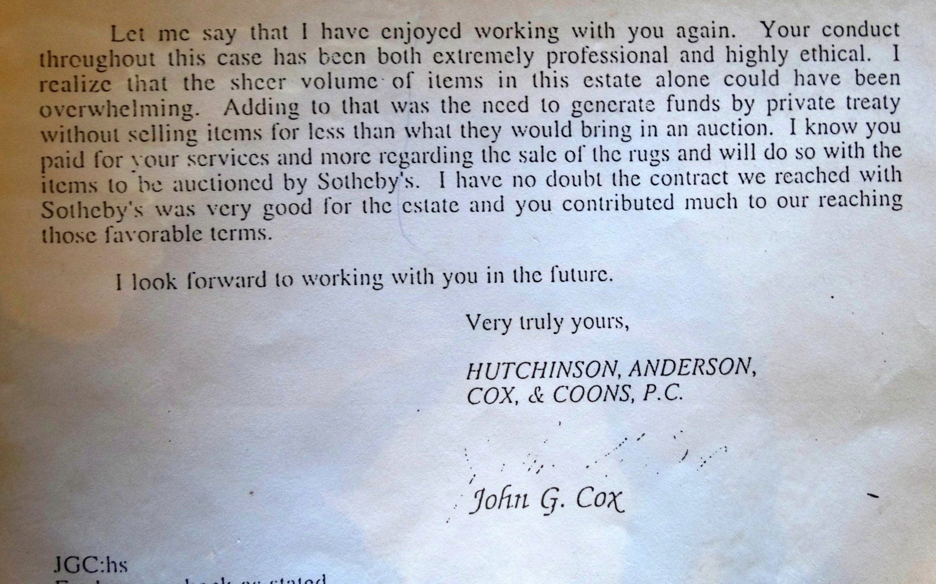 A letter from hutchinson anderson cox and coons p.c.