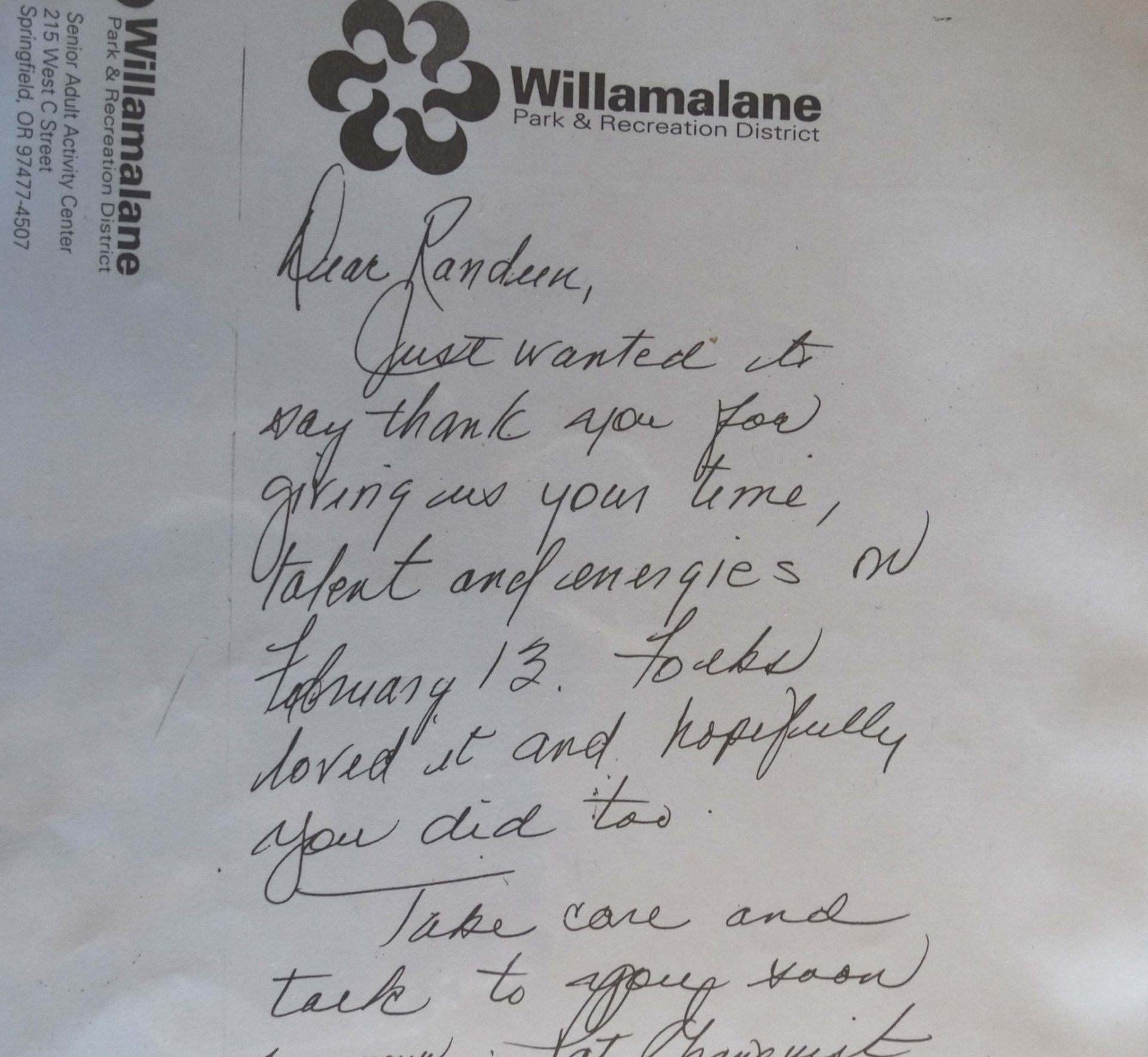 A letter from williamalane park and recreation center