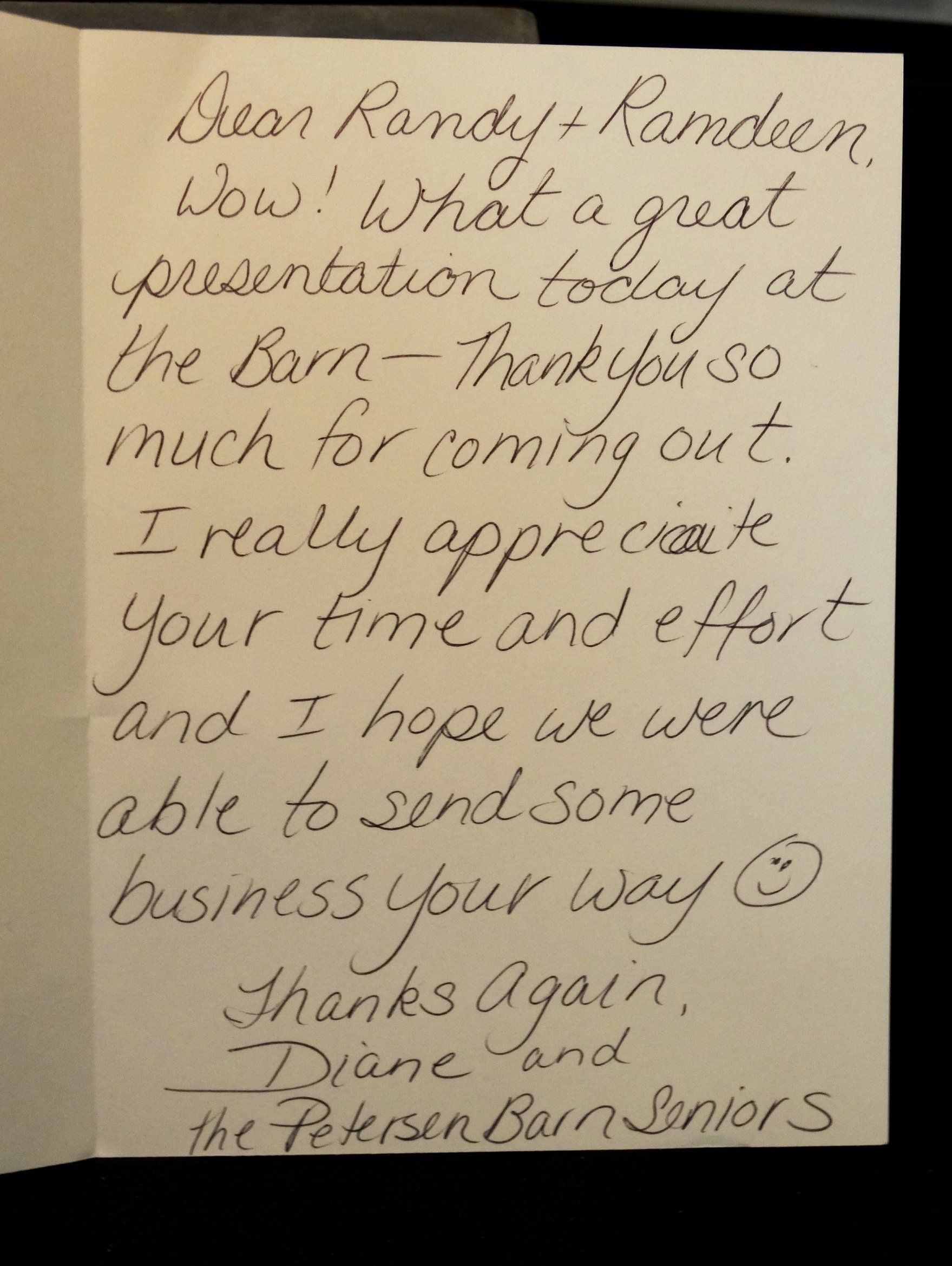 A handwritten thank you note from a customer