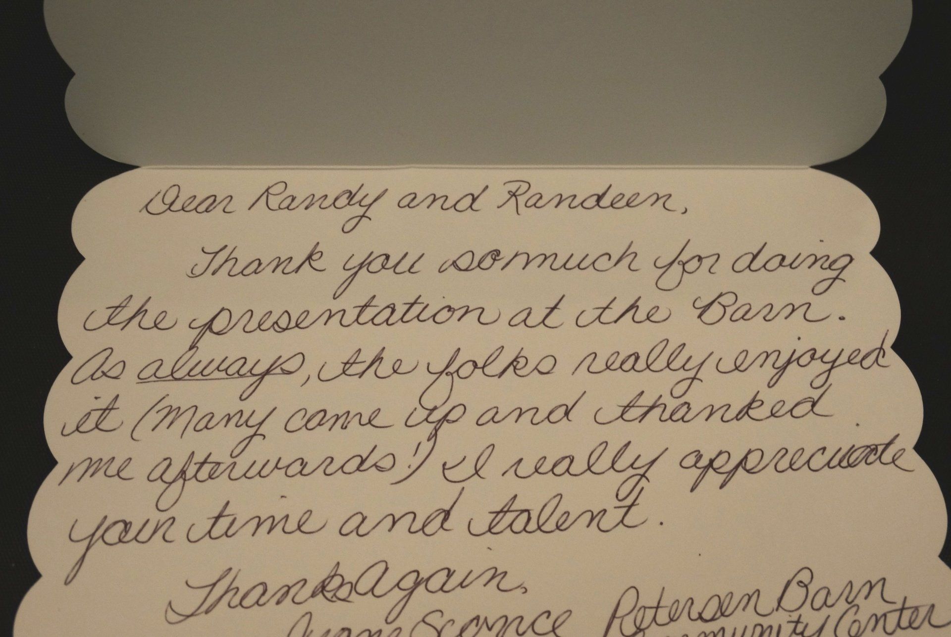 A handwritten thank you note to randy and randeur