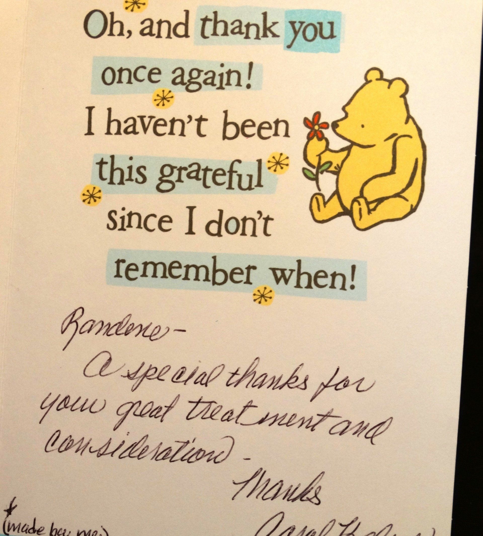 A thank you card with winnie the pooh on it