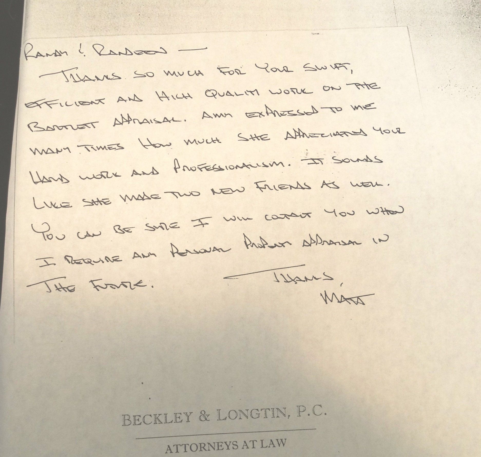 A letter from beckley & longstin p.c. attorneys at law