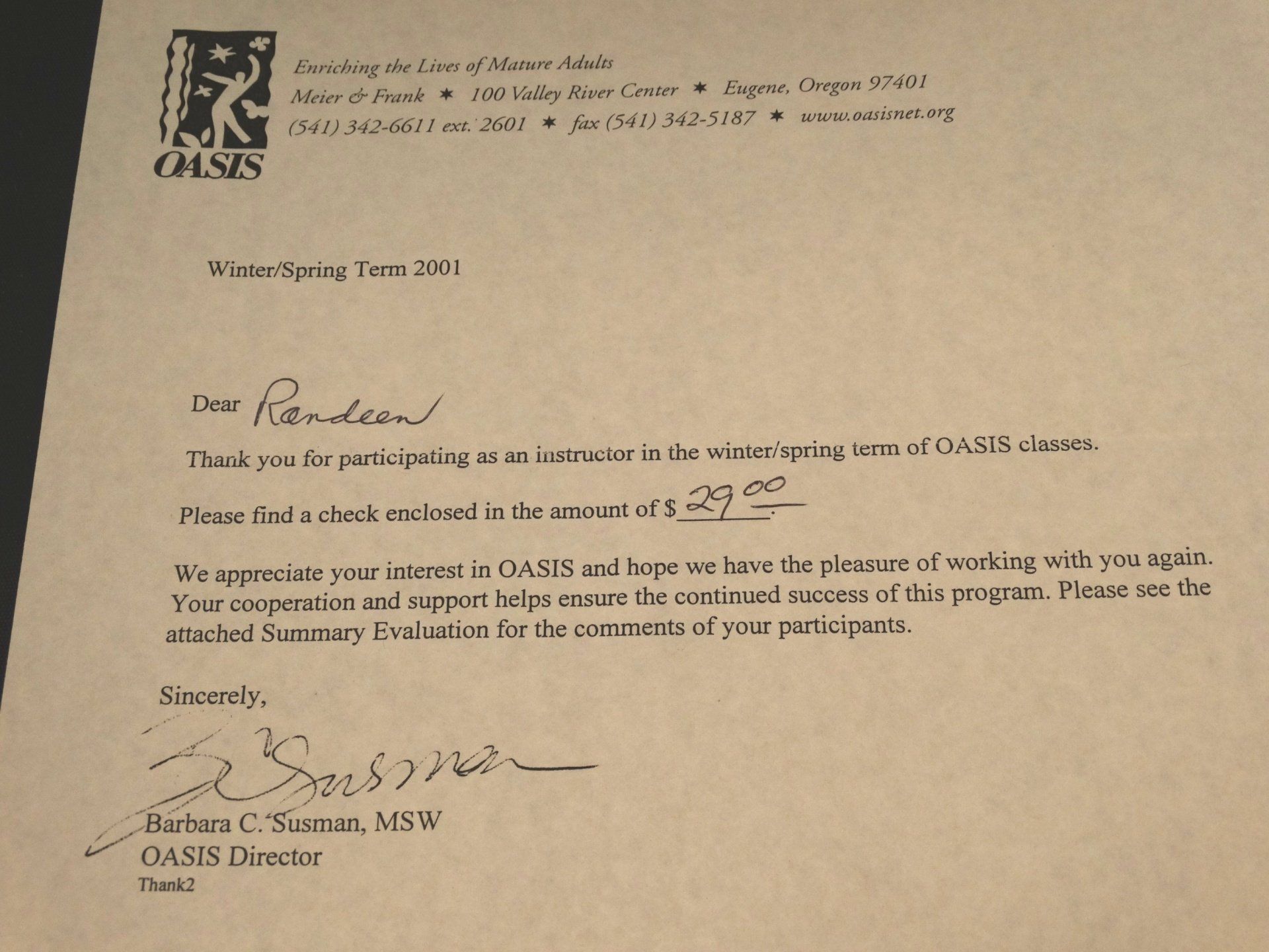 A letter from oasis with a signature on it