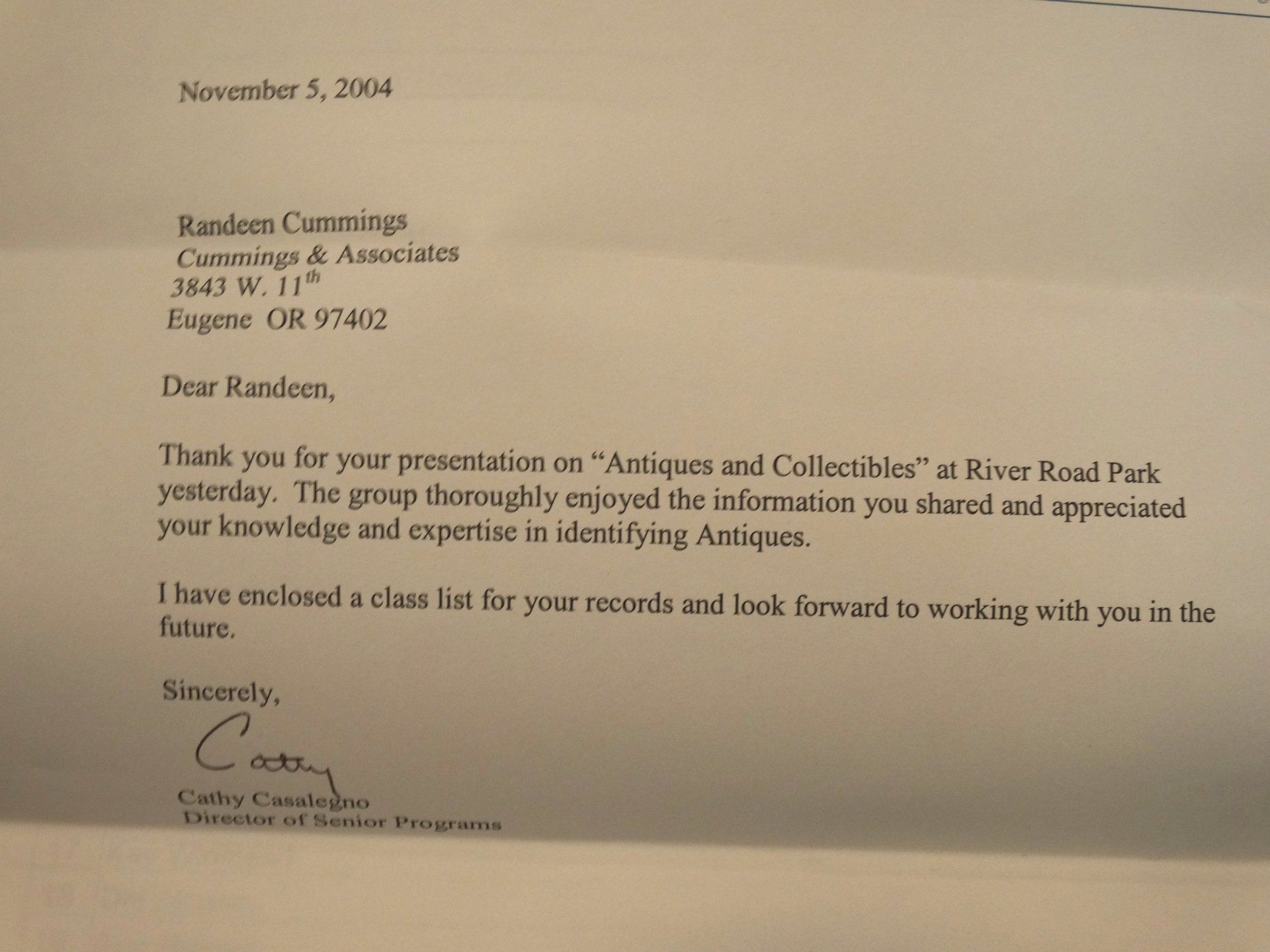 A thank you letter from randen cummings