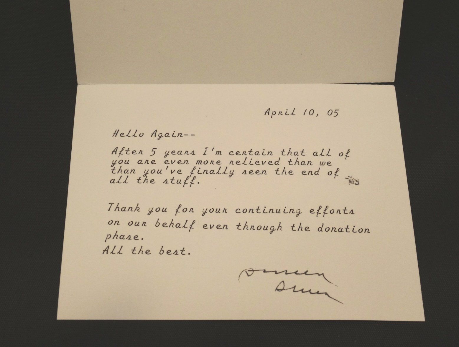 A thank you letter written on april 10th 2005