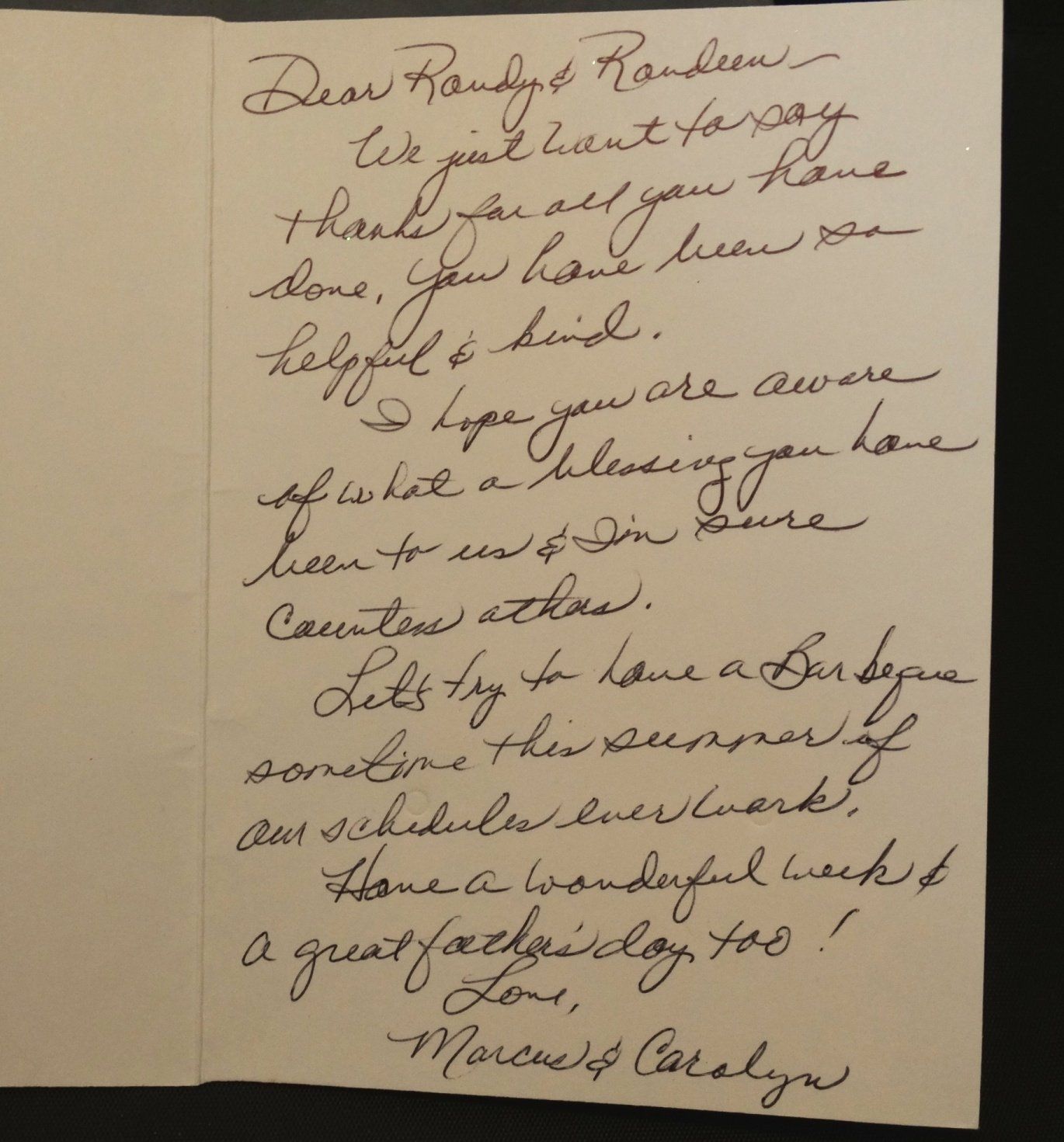 A handwritten letter is addressed to randy and carrielyn
