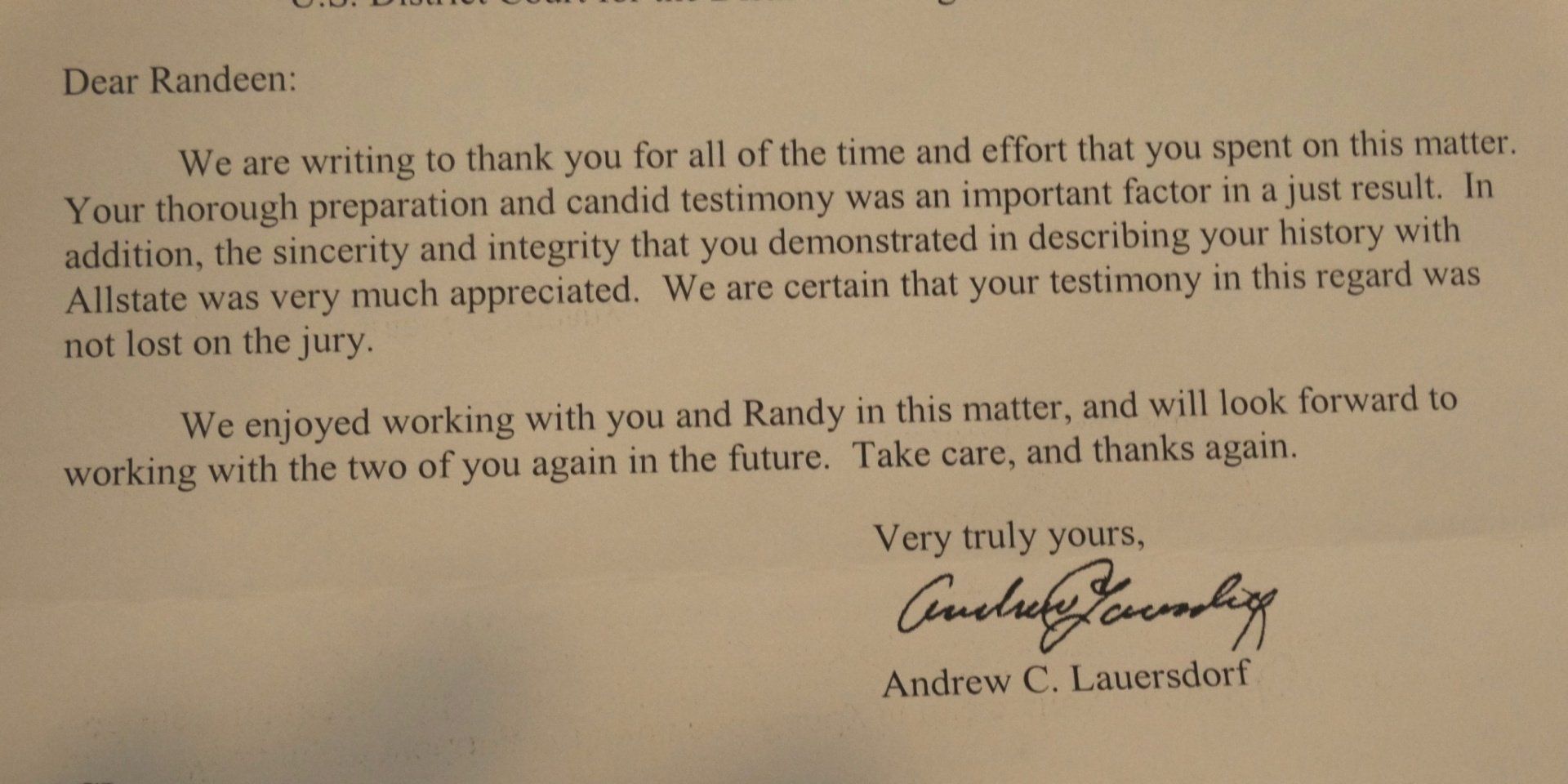 A thank you letter with a signature on it