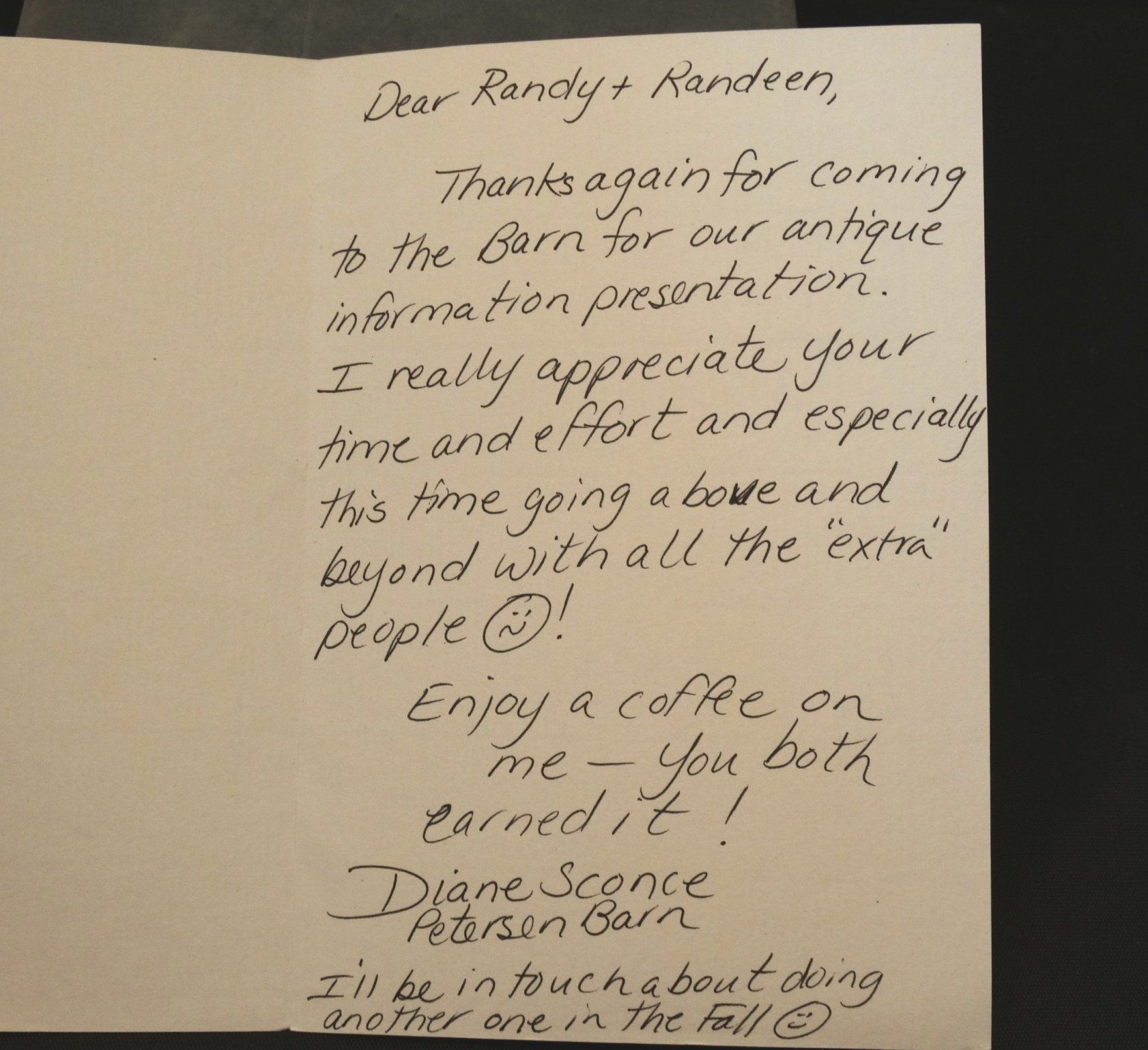 A handwritten note from randy and randeen