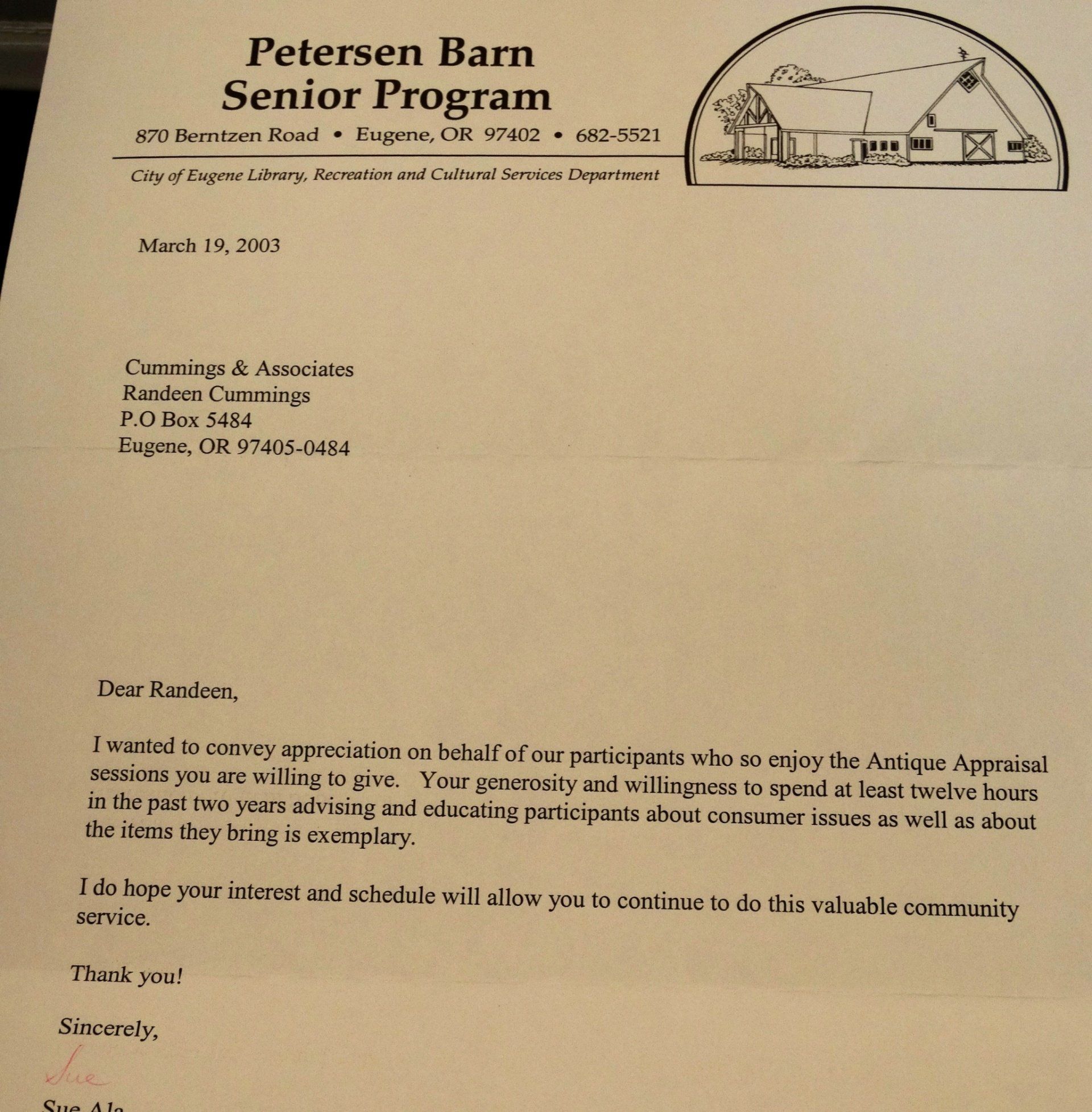 A letter from the petersen barn senior program