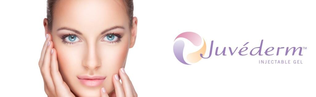 Woman with flawless skin, hands on cheeks, with Juvederm logo.