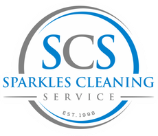 The logo for sparkles cleaning service is blue and gray.