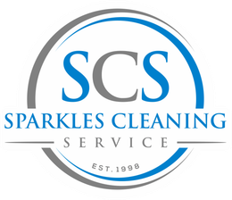 The logo for sparkles cleaning service is blue and gray.