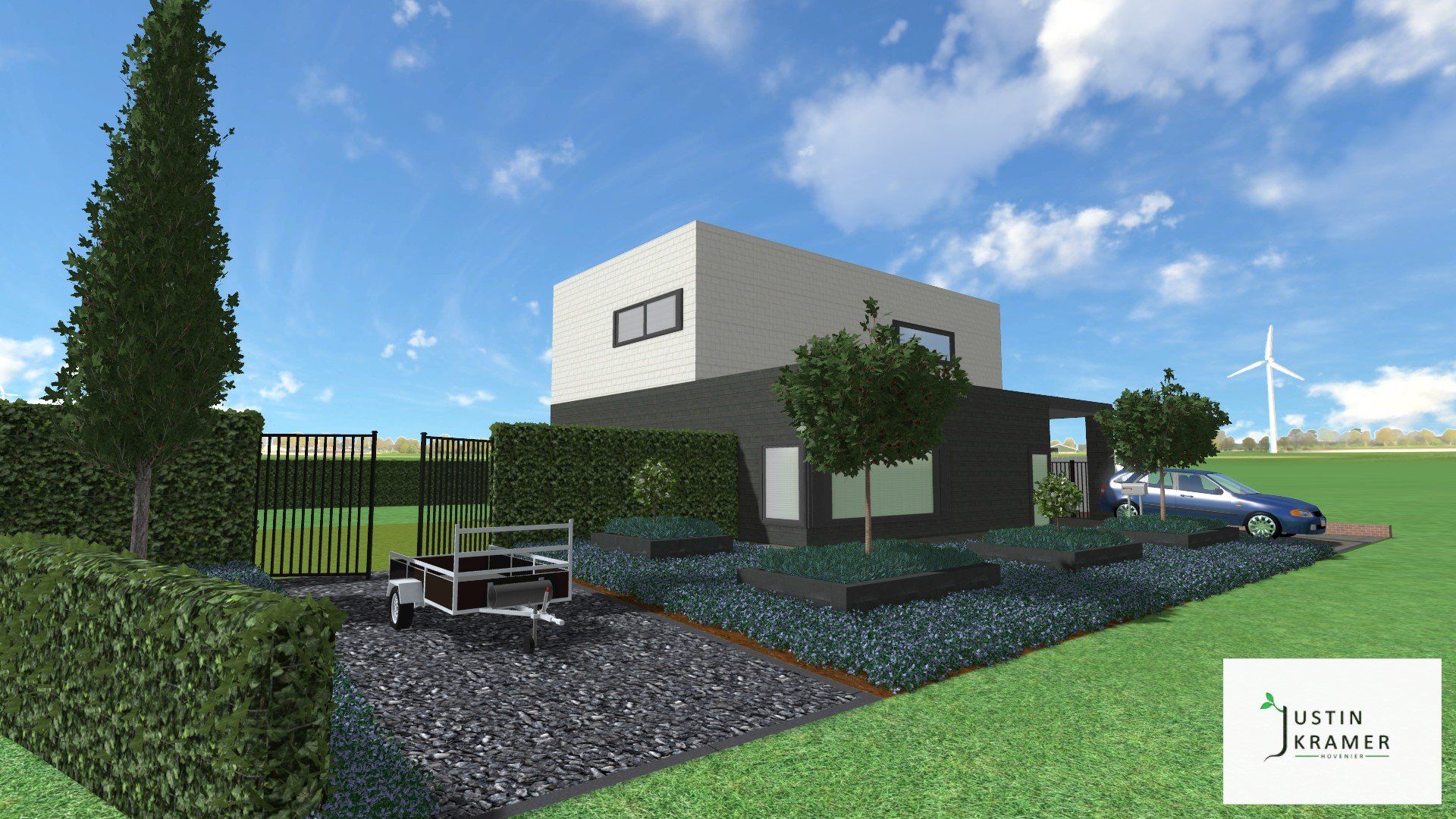Moderne woning met twee verdiepingen, een grijs-witte buitenkant, een omheinde tuin, een grindpad en een boom onder een blauwe hemel.