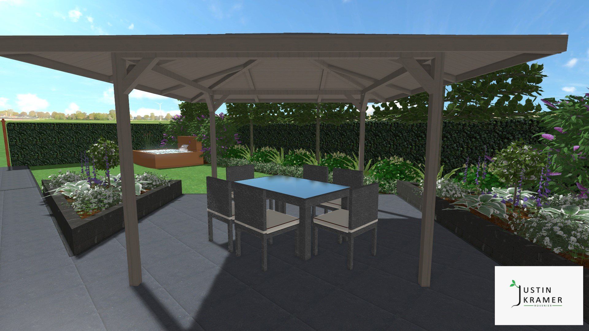 Een tuinpaviljoen op het terras met een eettafel en stoelen, omgeven door tuinhagen en bloemen.