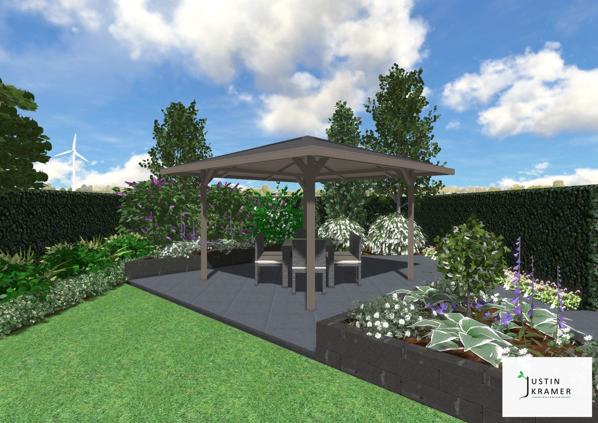 Tuinpaviljoen met zitgelegenheid op een betegeld terras naast bloemperken en hagen onder een blauwe hemel.