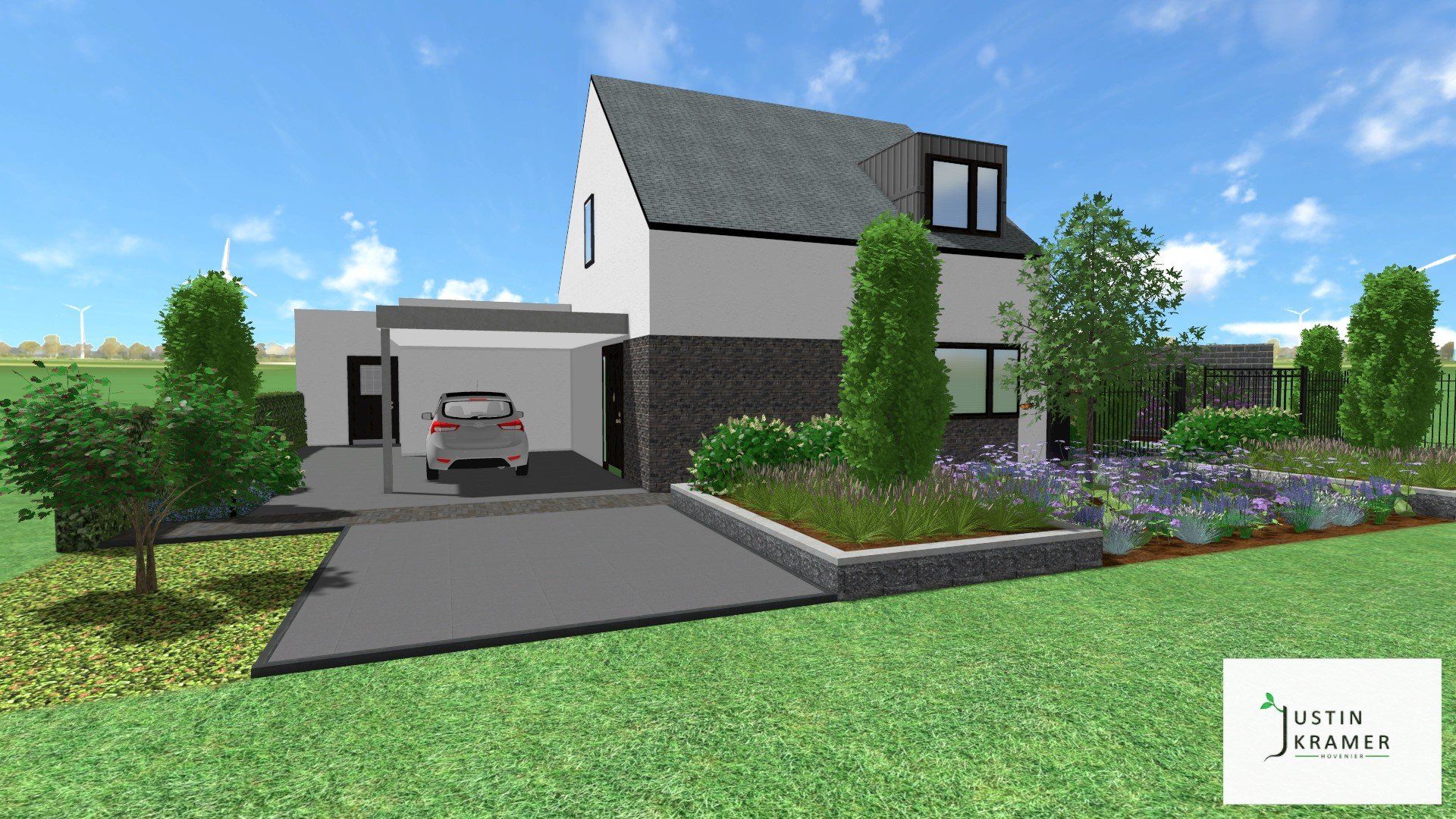 Moderne woning met twee verdiepingen, een carport, oprit en aangelegde voortuin onder een blauwe hemel.