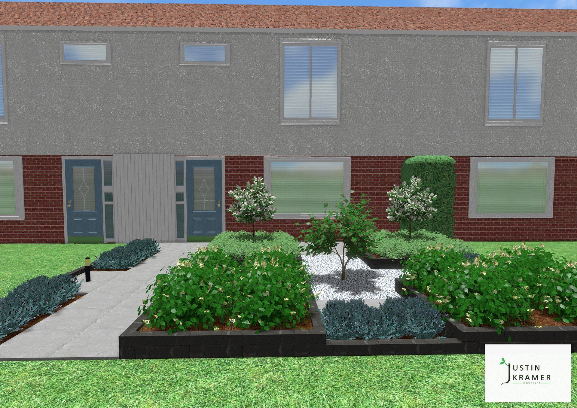 Rijtjeshuis met voortuinen, een bestraat pad, struiken en een kleine fontein.