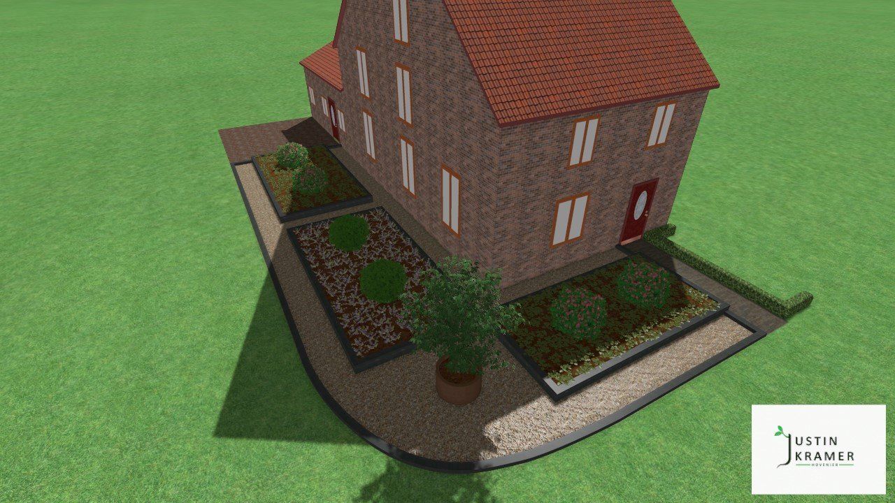 3D-weergave van een huis met rood dak en bakstenen muren, omgeven door een aangelegde tuin en een wandelpad.