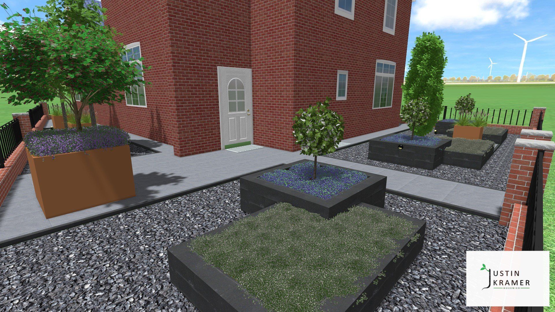 3D-weergave van een bakstenen binnenplaats van een appartementencomplex met verhoogde plantenbakken en een bestraat wandelpad.