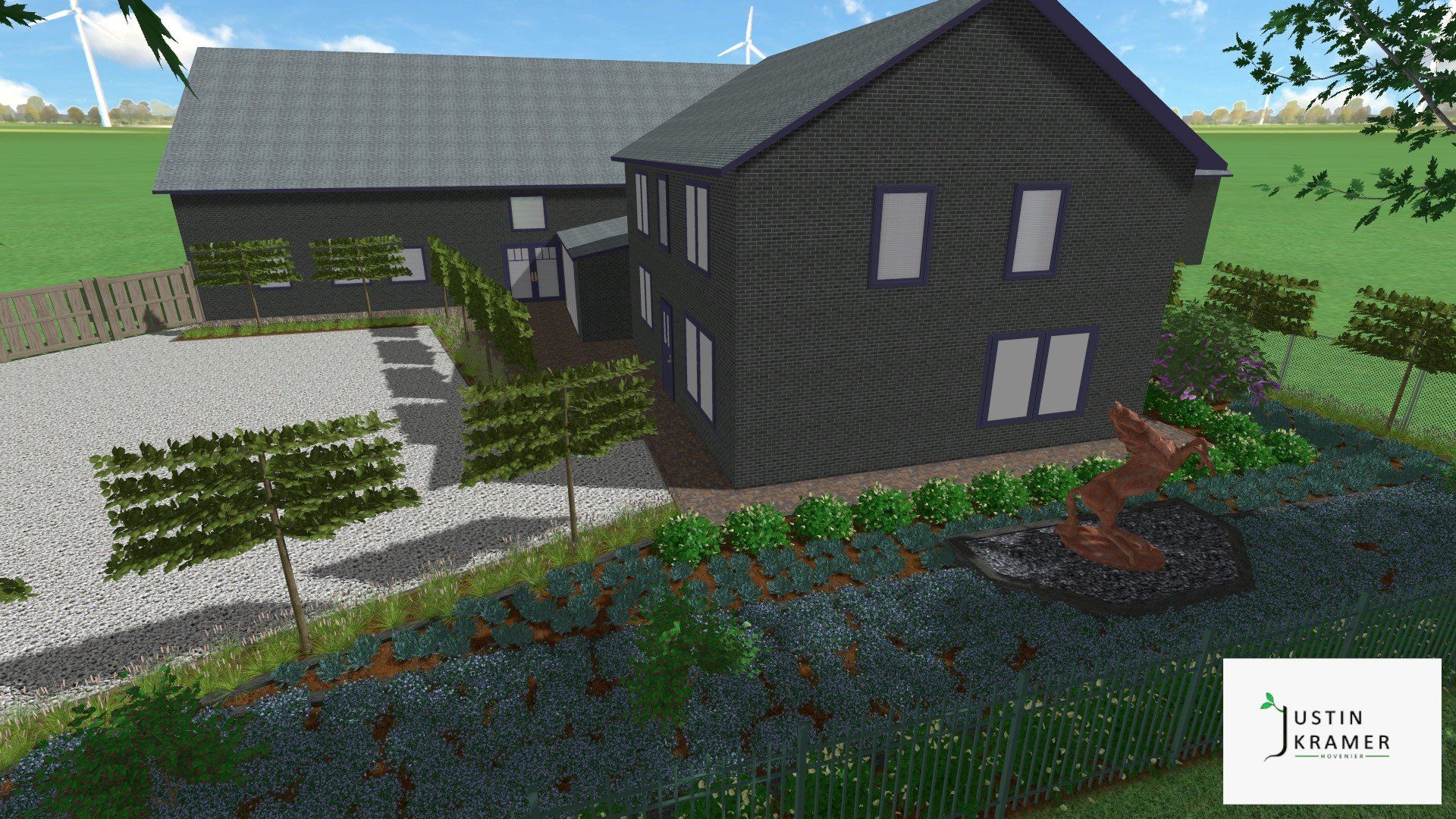 Modern, donkergrijs huis met een schuin dak, een stenen pad en een aangelegde tuin met bloemen en struiken.