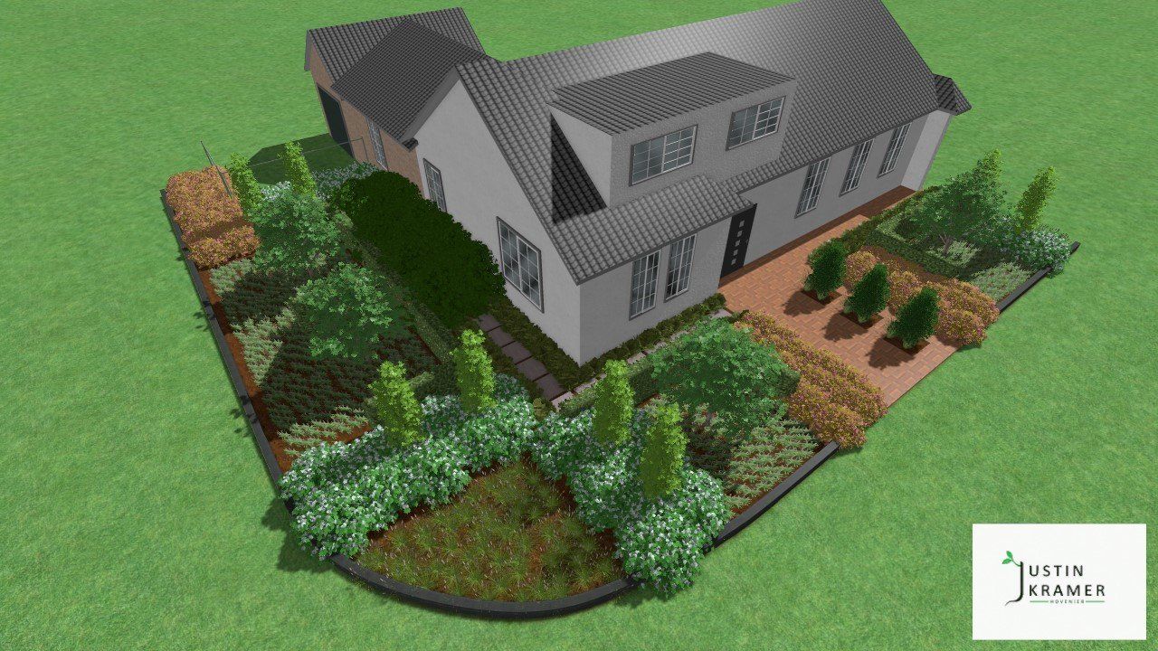 3D-weergave van een grijs huis met een aangelegde tuin, bomen en een bestraat pad.