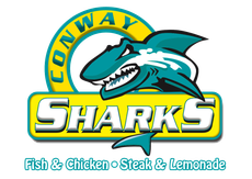 A logo for conway sharks fish and chicken steak and lemonade