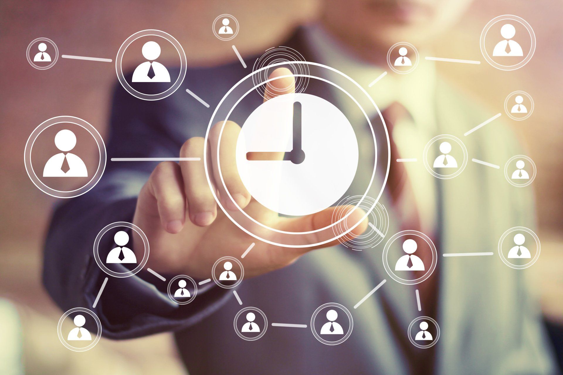 Hands holding a glowing clock with connected user icons on a blurred background