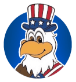 Cartoon bald eagle mascot in a Uncle Sam hat, blue circular background