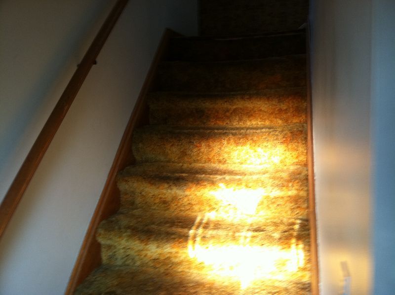 The sun is shining on the stairs in a dark room.