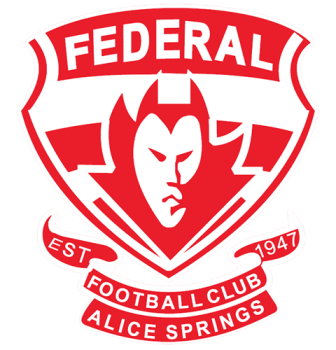 A red and white logo for federal football club alice springs
