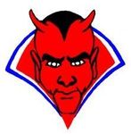 A red devil with horns and a blue collar on a white background.