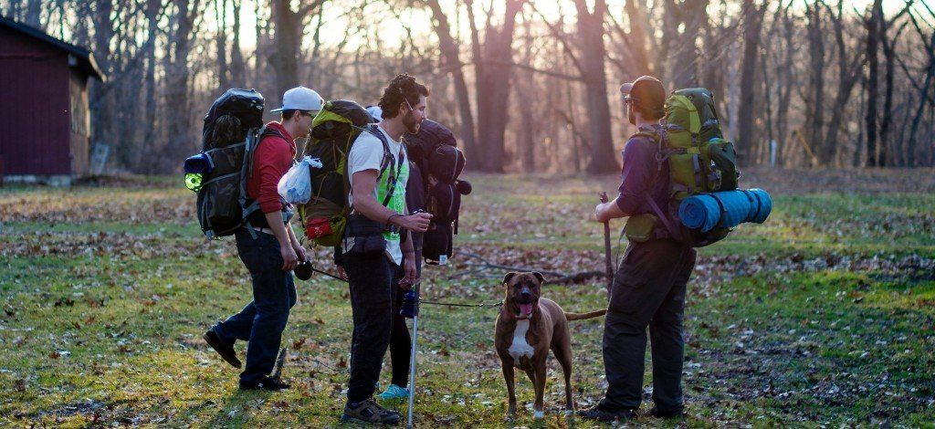 Four hikers with backpacks and a dog stand in a forest clearing. Sunlight streams through the trees.